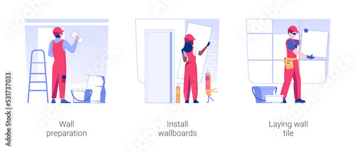 Walls decoration isolated concept vector illustration set. Wall preparation, install wallboards, laying ceramic tiles, room decoration, interior works, construction company service vector cartoon.