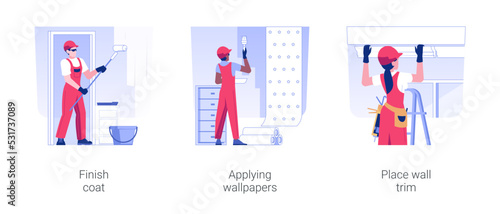 Wall coverings isolated concept vector illustration set. Finish coat, applying wallpapers with glue and brush, place wall trim, crown molding and corners, interior works vector cartoon.