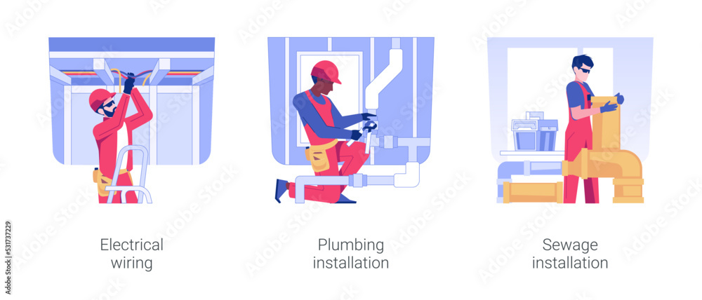 House utility infrastructure isolated concept vector illustration set. Electrical wiring, plumbing and sewage installation, water supply pipes, residential area construction vector cartoon.