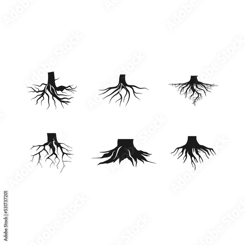 Set of Black Tree Roots. Vector outline Illustration. Plant and Garden.