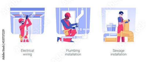 House utility infrastructure isolated concept vector illustration set. Electrical wiring, plumbing and sewage installation, water supply pipes, residential area construction vector cartoon.
