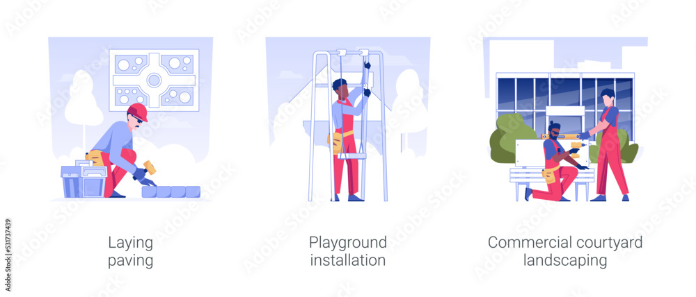 Public area landscape development isolated concept vector illustration set. Laying garden sidewalks paving, playground installation, commercial courtyard landscaping, outdoor space vector cartoon.