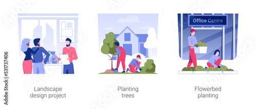 Commercial landscaping isolated concept vector illustration set. Landscape design project, planting trees, flower bed layout, meeting with professional architect, park development vector cartoon.