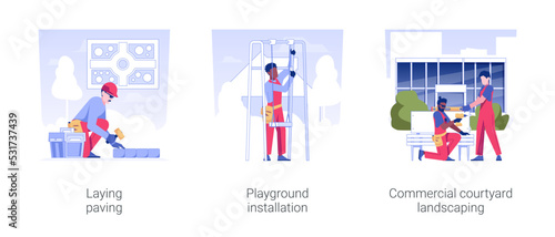 Public area landscape development isolated concept vector illustration set. Laying garden sidewalks paving, playground installation, commercial courtyard landscaping, outdoor space vector cartoon.
