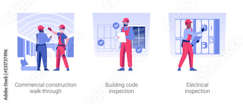 Commercial construction progress inspection isolated concept vector illustration set. Commercial construction walk-through, building code and electrical inspection, writing a report vector cartoon.