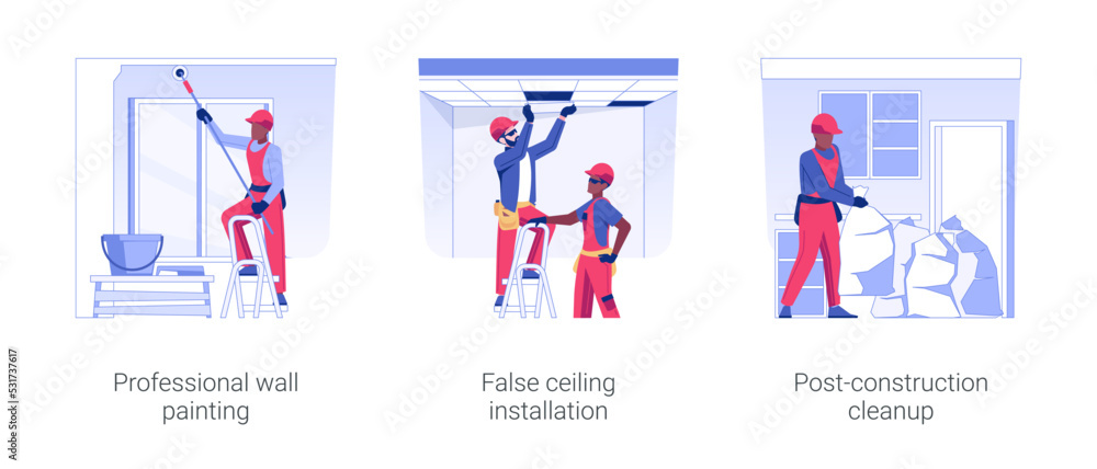 Interior works at commercial construction isolated concept vector illustration set. Professional wall painting, false ceiling installation, post-construction cleanup vector cartoon.