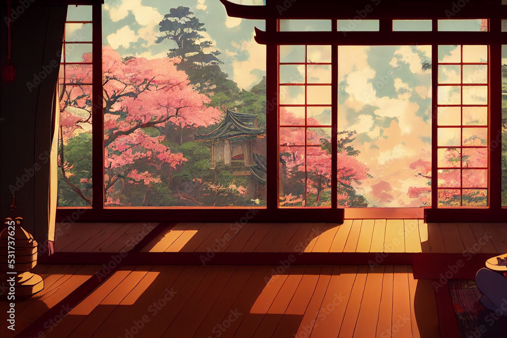  Murales de papel pintado Santuario japonés de fantasía con ventanas vista torii exterior.  Fondo de pantalla de estilo anime de renderizado 3d.