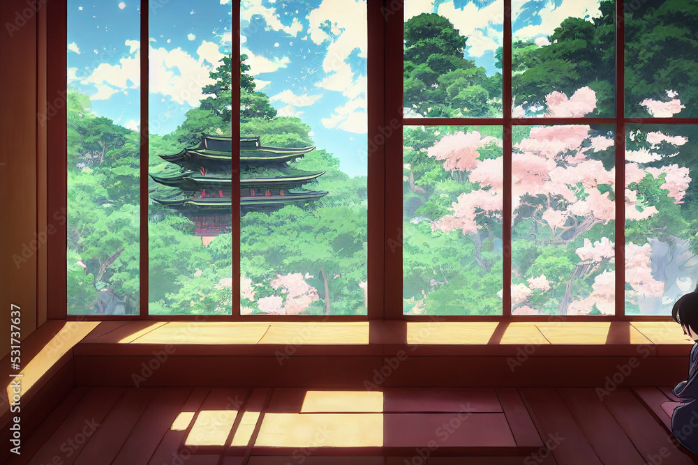 Fantasy japanese shrine with windows view torii outside. 3d render anime style wallpaper. - obrazy, fototapety, plakaty 