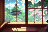Fantasy japanese shrine with windows view torii outside. 3d render anime style wallpaper.