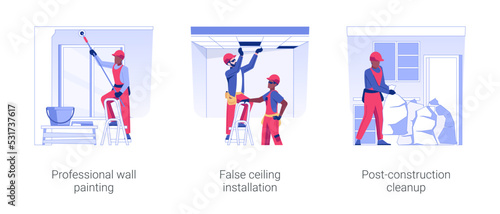 Interior works at commercial construction isolated concept vector illustration set. Professional wall painting, false ceiling installation, post-construction cleanup vector cartoon.