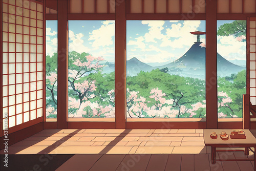 Fantasy japanese shrine with windows view torii outside. 3d render anime style wallpaper.