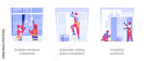 Ceiling and walls works isolated concept vector illustration set. Outdoor windows installation, automatic sliding doors, installing partitions, commercial construction vector cartoon.