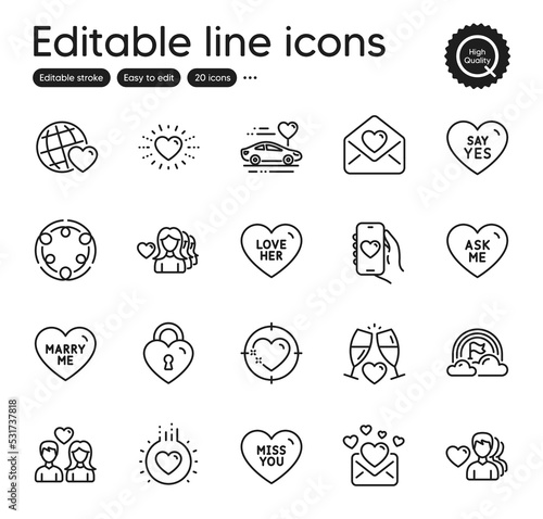 Set of Love outline icons. Contains icons as Couple love, Say yes and Lgbt elements. Love letter, Heart, Dating app web signs. Ask me, Inclusion, Friends world elements. Wedding glasses. Vector