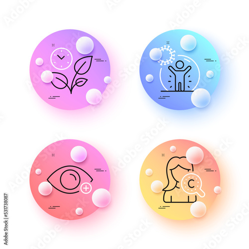 Farsightedness, Leaves and Coronavirus protection minimal line icons. 3d spheres or balls buttons. Collagen skin icons. For web, application, printing. Eye vision, Grow plant, People isolation. Vector