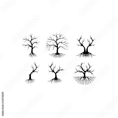 Collection tree roots silhouette vector  hand drawn for dead tree