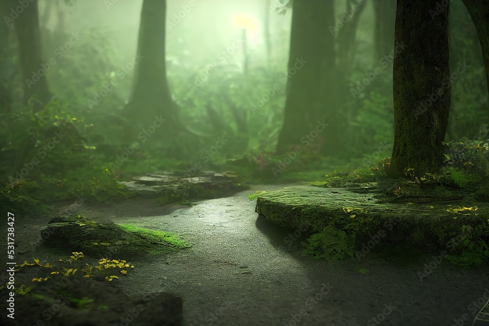an open portal to an alien world in a deep green forest. Ancient gate to a distant place. Magic of ancient peoples.  3d render, Raster illustration.