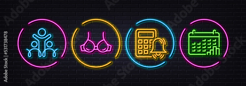 Bra, Calculator alarm and Inclusion minimal line icons. Neon laser 3d lights. Calendar graph icons. For web, application, printing. Brassiere lingerie, Accounting, Equity justice. Vector