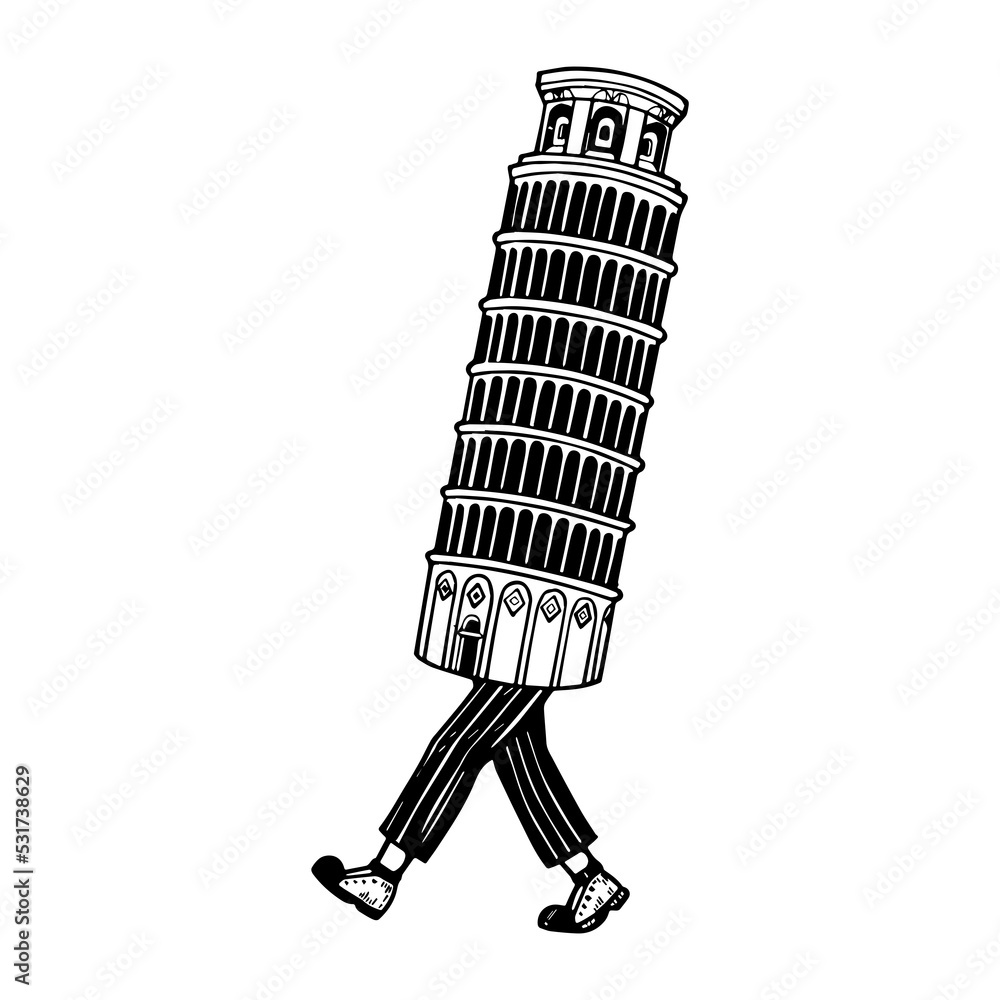 Leaning Tower of Pisa walk sketch engraving PNG illustration with transparent background