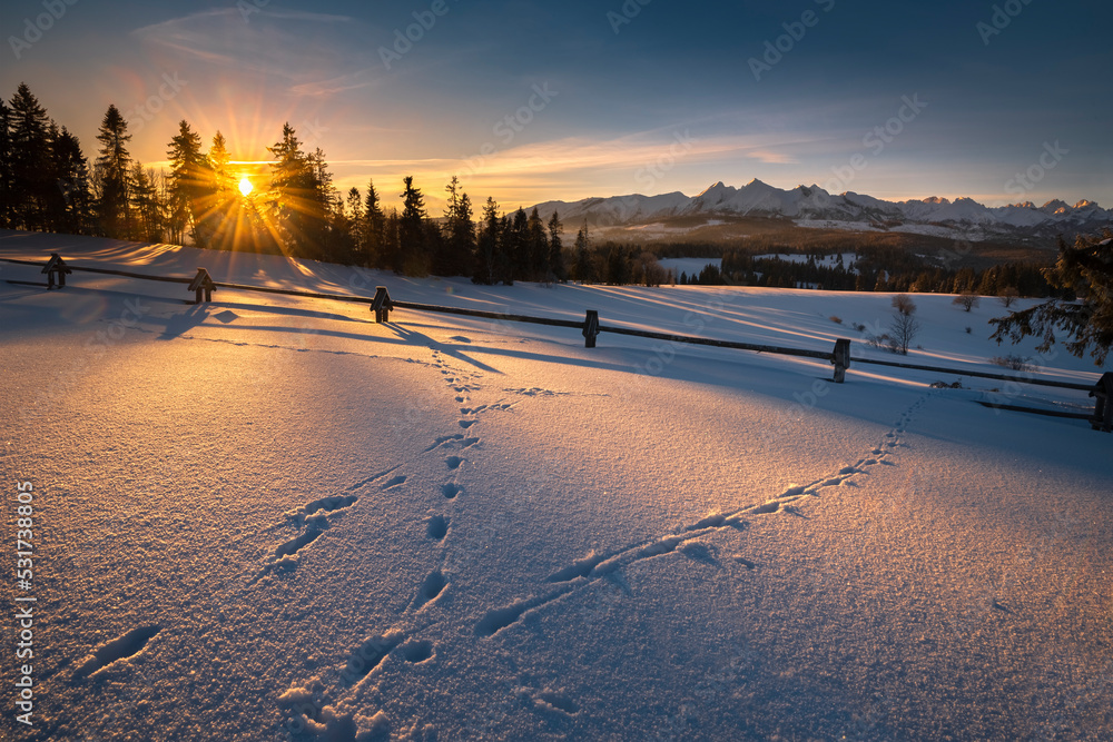 Tatra Mountains, winter, sunrise on the Łapszanka Pass, Poland. 
Tatry, zima, wschód słońca na Przełęczy nad Łapszanką. Panorama gór, polska.  - obrazy, fototapety, plakaty 