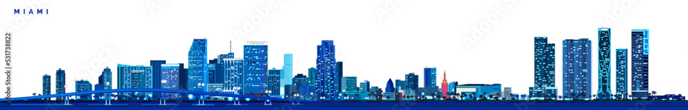 Miami skyline at night panoramic scene isolated vector illustration - obrazy, fototapety, plakaty 