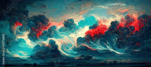 Photo Sunset dusk fantasy of surreal cumulus storm clouds - golden hour grandiose fiery crimson red and sky blue colors