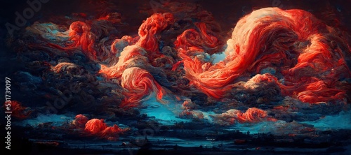 Obraz na płótnie Sunset dusk fantasy of surreal cumulus storm clouds - golden hour grandiose fiery crimson red and sky blue colors