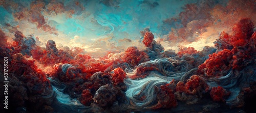 Sunset dusk fantasy of surreal cumulus storm clouds - golden hour grandiose fiery crimson red and sky blue colors. Bold dramatic digital oil impasto painting cloudscape with dark gothic undertone. 