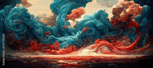 Fotografia Sunset dusk fantasy of surreal cumulus storm clouds - golden hour grandiose fiery crimson red and sky blue colors