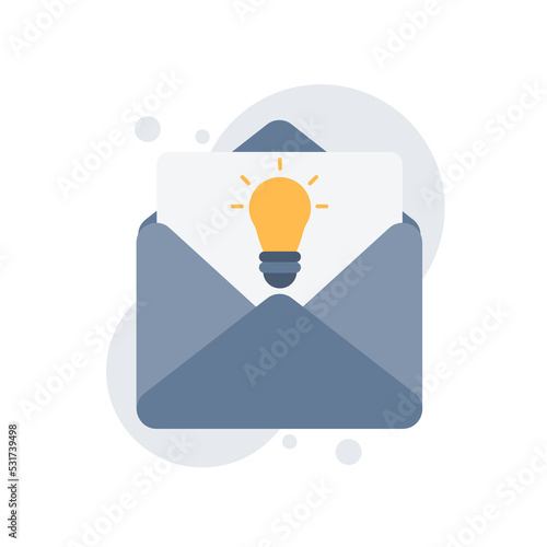 A letter with a light bulb in an envelope, to symbolize giving ideas and suggestions. Message email mail and letter theme. Vector illustration