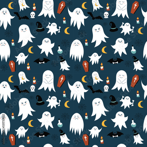 seamless pattern ghosts, halloween in flat style, vector