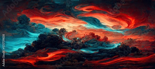 Foto Sunset dusk fantasy of surreal cumulus storm clouds - golden hour grandiose fiery crimson red and sky blue colors