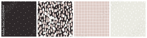 Abstract spot and minimalist check grid seamless pattern set in blush pink, ivory beige, white and black colors. Modern trendy bedding textile fabric print.