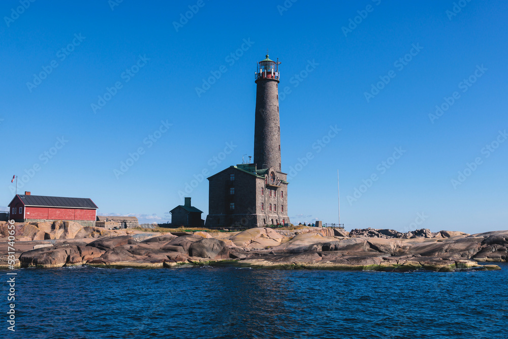Bengtskär Lighthouse, summer view of Bengtskar island in Archipelago Sea, Finland, Kimitoön, Gulf of Finland sunny day