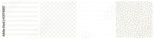 White background with very pale, soft beige seamless pattern. Repeating vector design set with diagonal line trellis, lines, tiny dot and abstract spot shapes in subtle pastel colors 