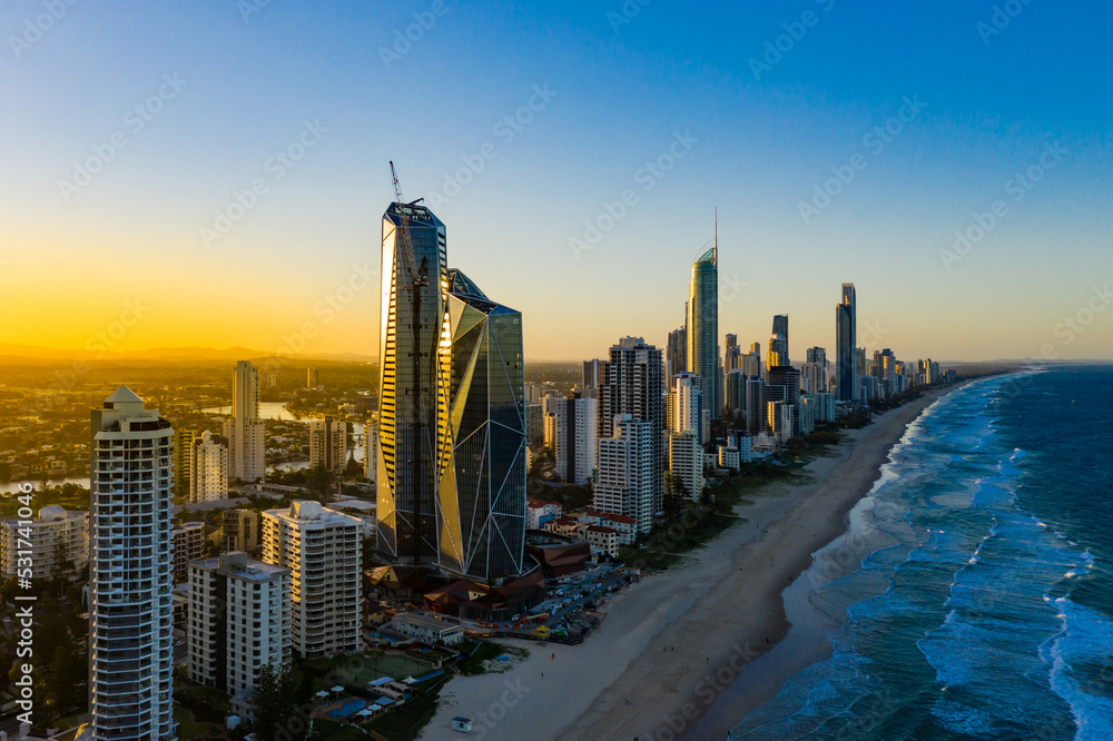 Sunset over the city of Gold Coast looking from the south
