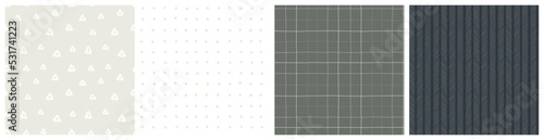 Neutral masculine seamless pattern set in olive green, khaki, white and black colors. Bedding textile fabric print for men on teenage boy with herringbone, trendy plaid, triangle and spot grid vector 