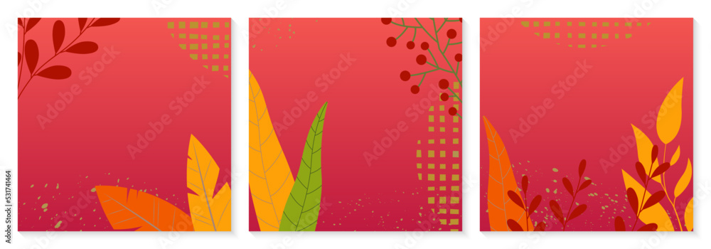 Autumn background set. Fall season banner with leaves. Abstract floral poster design. Sale, Thanksgiving concept with leaves. Vector illustration.