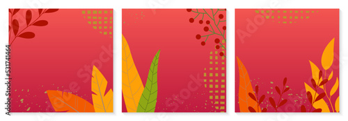 Autumn background set. Fall season banner with leaves. Abstract floral poster design. Sale, Thanksgiving concept with leaves. Vector illustration.