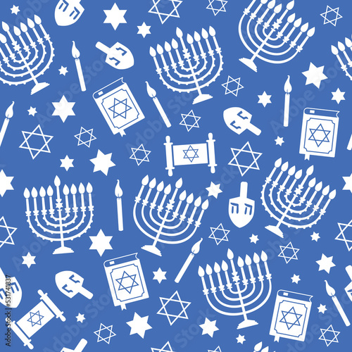 Hanukkah seamless pattern with menorah, dreidel, candles, star of David. Jewish holiday blue texture, background. Cute vector design for wallpapers, children gift wrap paper, textile print.