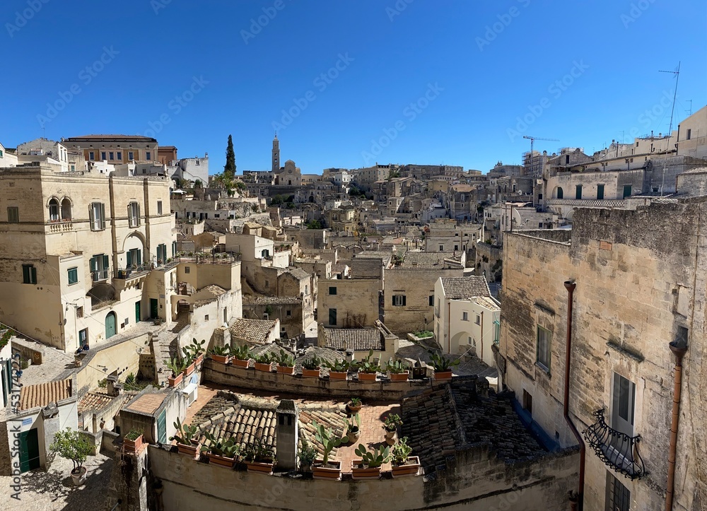 View on the Sassi di Matera, located in Basilicata, Italy. They represent the historic center of the city and are a World Heritage Site. They are rupestrian architectures carved into the rock.
