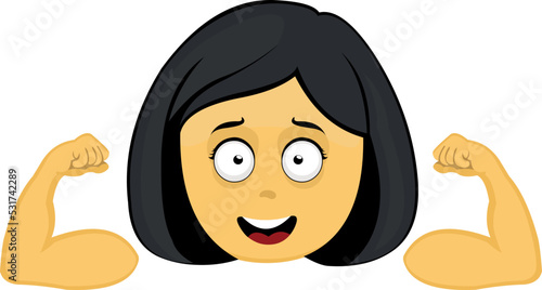 Vector emoji illustration of a yellow cartoon woman showing the biceps of the arms