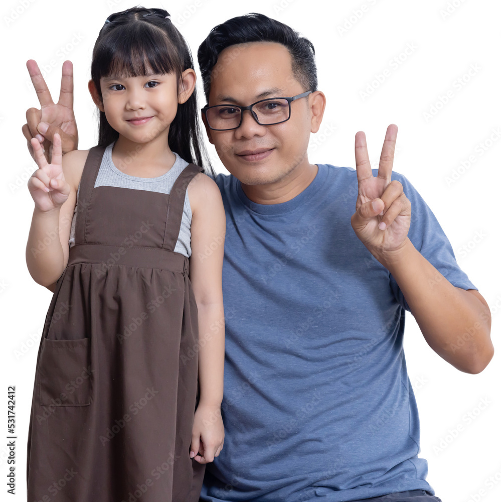Isolated Asian Dad with His Kid with V-Sign Finger Posture on White Background Isolated Asian Dad with His Kid with V-Sign Finger Posture on White Background