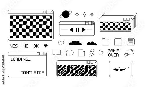 Set of retro digital screen user interface in y2k, 90s, 00s style. Old computer windows and icons. Vector illustration in retrowave aesthetic