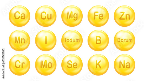 Minerals icon vector set. 3D pills drop capsules. Golden abstract tablets. Vitamin complex for beauty skin care. Medicine health symbols EPS10