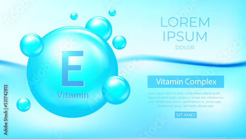 Vitamin E vector banner in 3d style. Blue pill capsule icon. Vitamin complex advertisement. Skincare and health concept EPS10