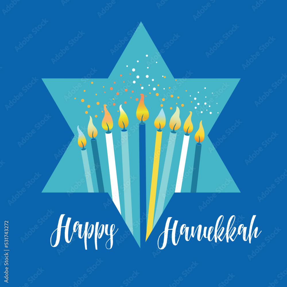 Jewish holiday Hanukkah greeting card traditional Chanukah symbols - menorah candles in star David illustration on blue.
