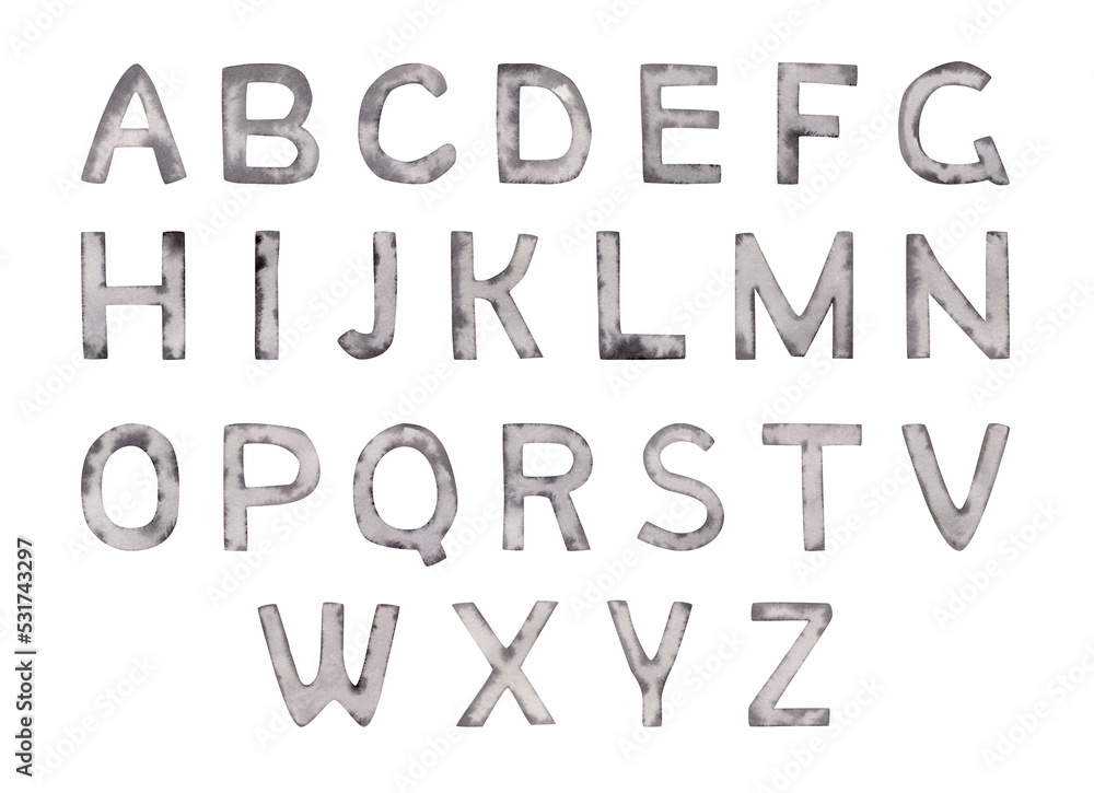 Watercolor english alphabet. Black and gray capital letters, ABC