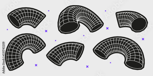 Set of abstract geometric shapes or trendy brutalism style elements inspired brutalism. Flat vector illustration with 3d wireframe models. Concept psychedelic techno style.