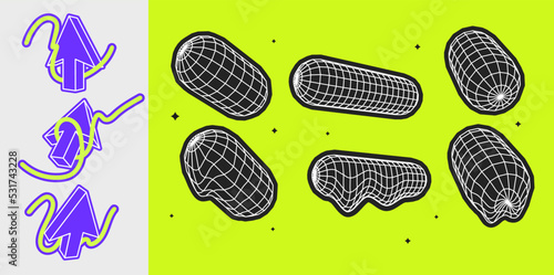 Set of abstract geometric shapes or trendy brutalism style elements inspired brutalism. Flat vector illustration with 3d wireframe models. Concept psychedelic techno style.