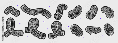 Set of abstract geometric shapes or trendy brutalism style elements inspired brutalism. Flat vector illustration with 3d wireframe models. Concept psychedelic techno style.